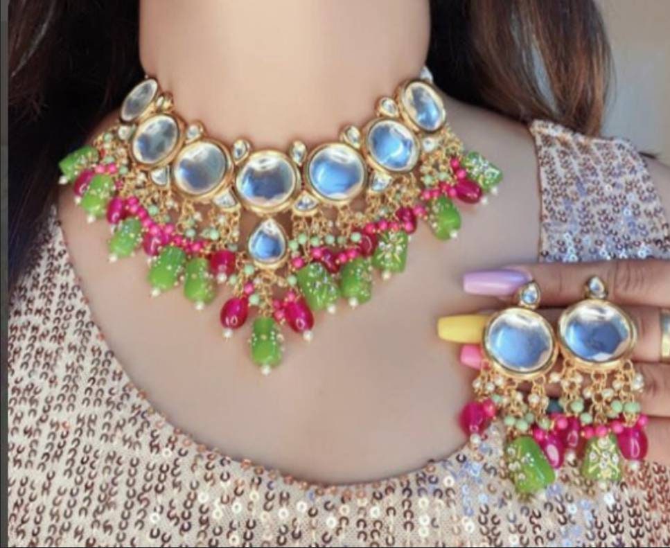 Kundan Meenakari Necklace Set Polki Jaipur Kundan Bridal Wedding Indian Jewelry Set Choker Dulhan Jewelry Earrings Women Girls Gifts | Save 33% - Rajasthan Living 12