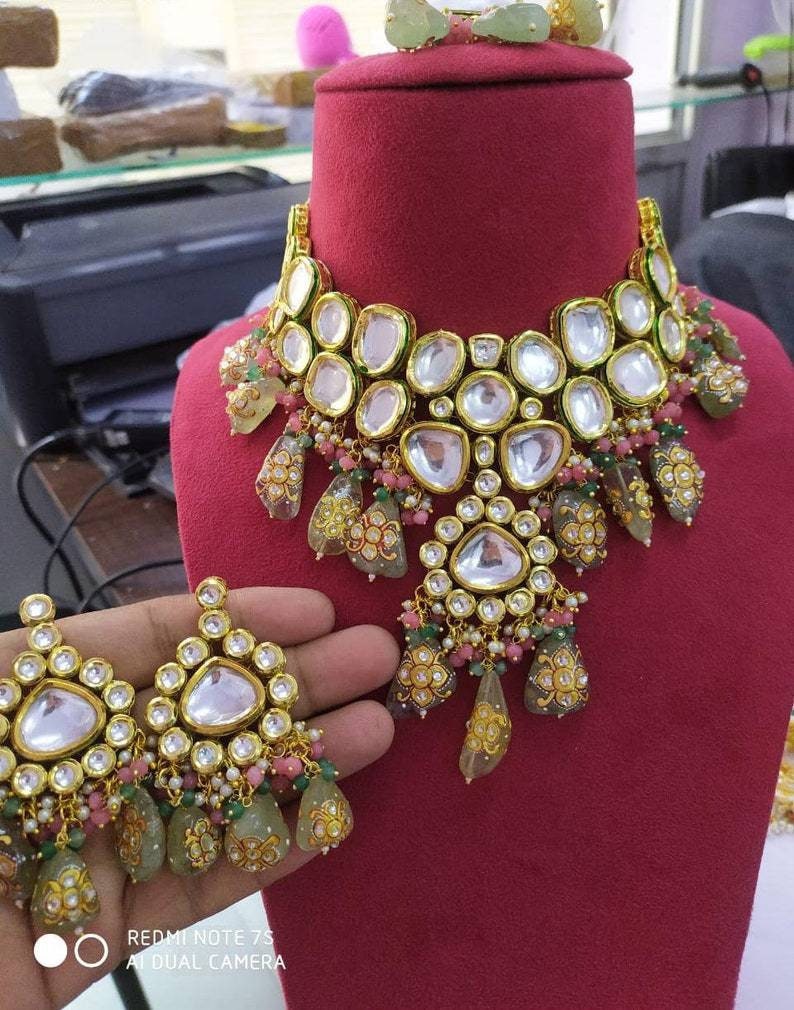 Sabyasachi Inspired Designer Kundan Set, Green Kundan Choker, Kundan Bridal Choker Set, Customizable Kundan Bridal Sets, Royal Kundan Sets | Save 33% - Rajasthan Living 10