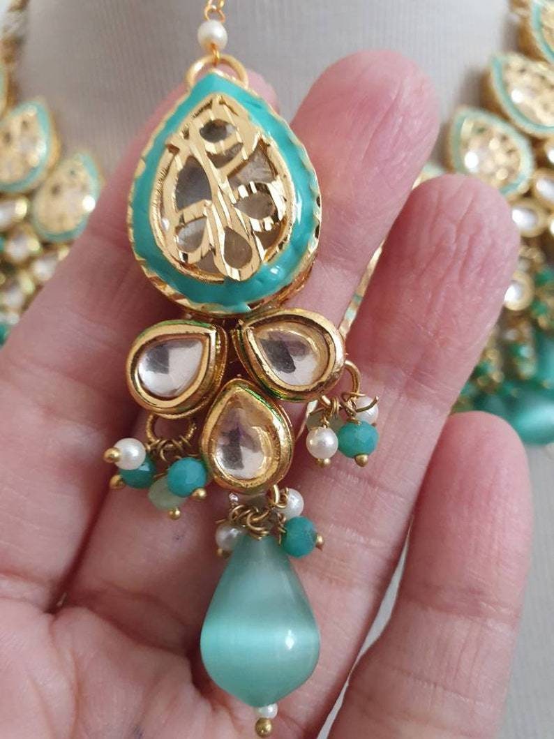 Kundan Polki Mani Meena Necklace Choker Earrings Teeka Tikka Headpiece Meenakari Hand Painted Enamelled Pastel Green Mint Indian Jewelry Uk | Save 33% - Rajasthan Living 16