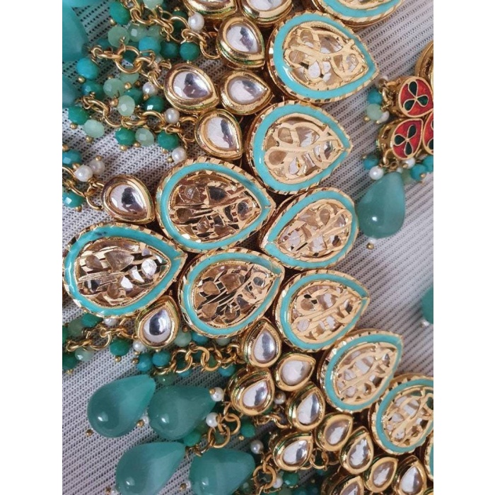 Kundan Polki Mani Meena Necklace Choker Earrings Teeka Tikka Headpiece Meenakari Hand Painted Enamelled Pastel Green Mint Indian Jewelry Uk | Save 33% - Rajasthan Living 6