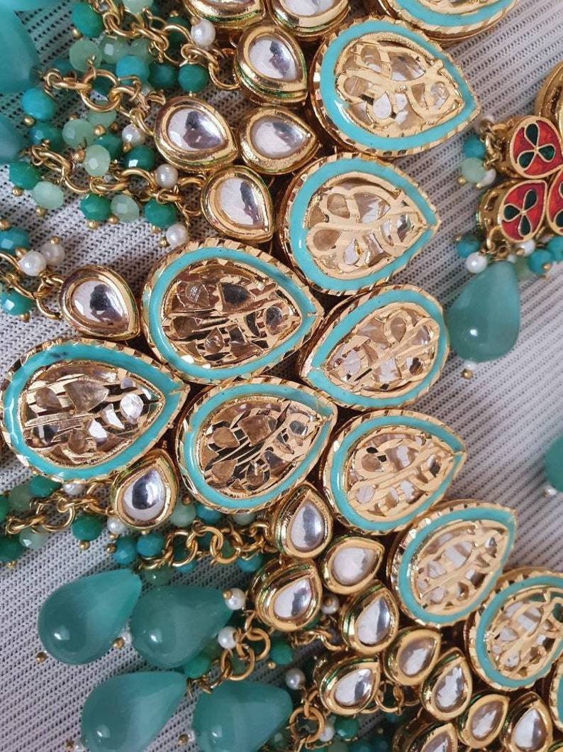 Kundan Polki Mani Meena Necklace Choker Earrings Teeka Tikka Headpiece Meenakari Hand Painted Enamelled Pastel Green Mint Indian Jewelry Uk | Save 33% - Rajasthan Living 12