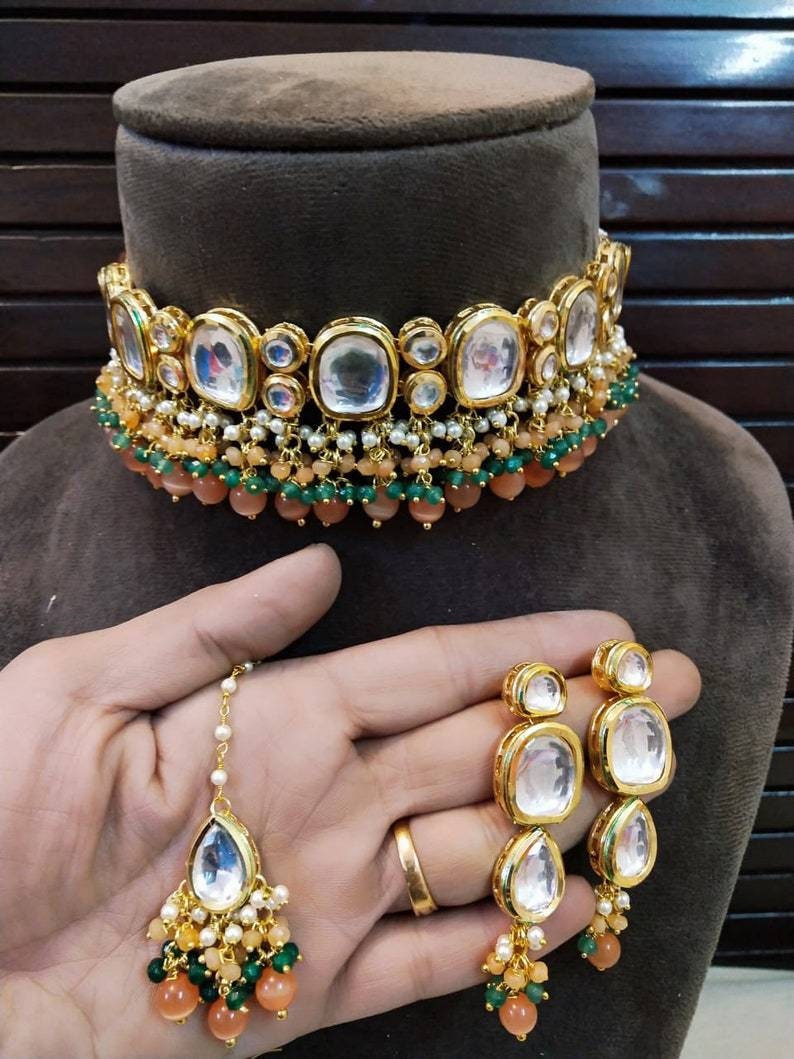 New Royal Kundan Choker Set, Pastel Kundan Choker, Green Kundan Choker, Blue Kundan Choker, Orange Kundan Choker, Simple Kundan Jewelry | Save 33% - Rajasthan Living 14