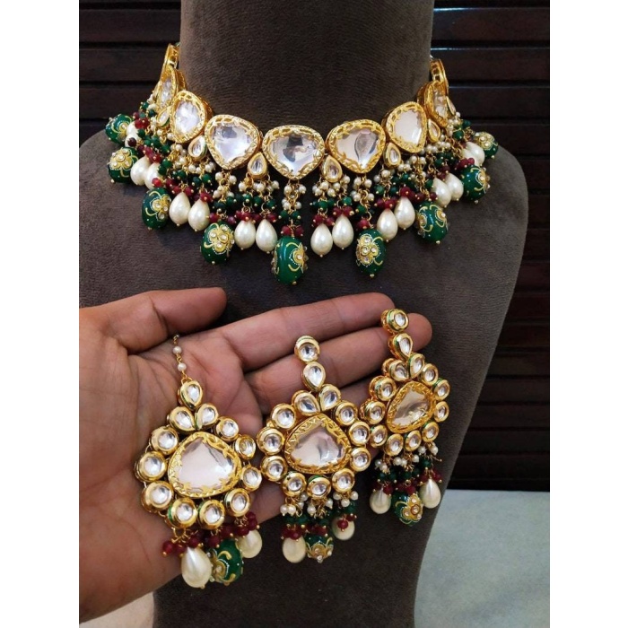 Beautiful Jadau Kundan Wedding Choker Necklace Set , Minakari- Kundan Necklace/ Jewelry With Drop Earrings Mangtika Necklace, Indian Choker | Save 33% - Rajasthan Living 5
