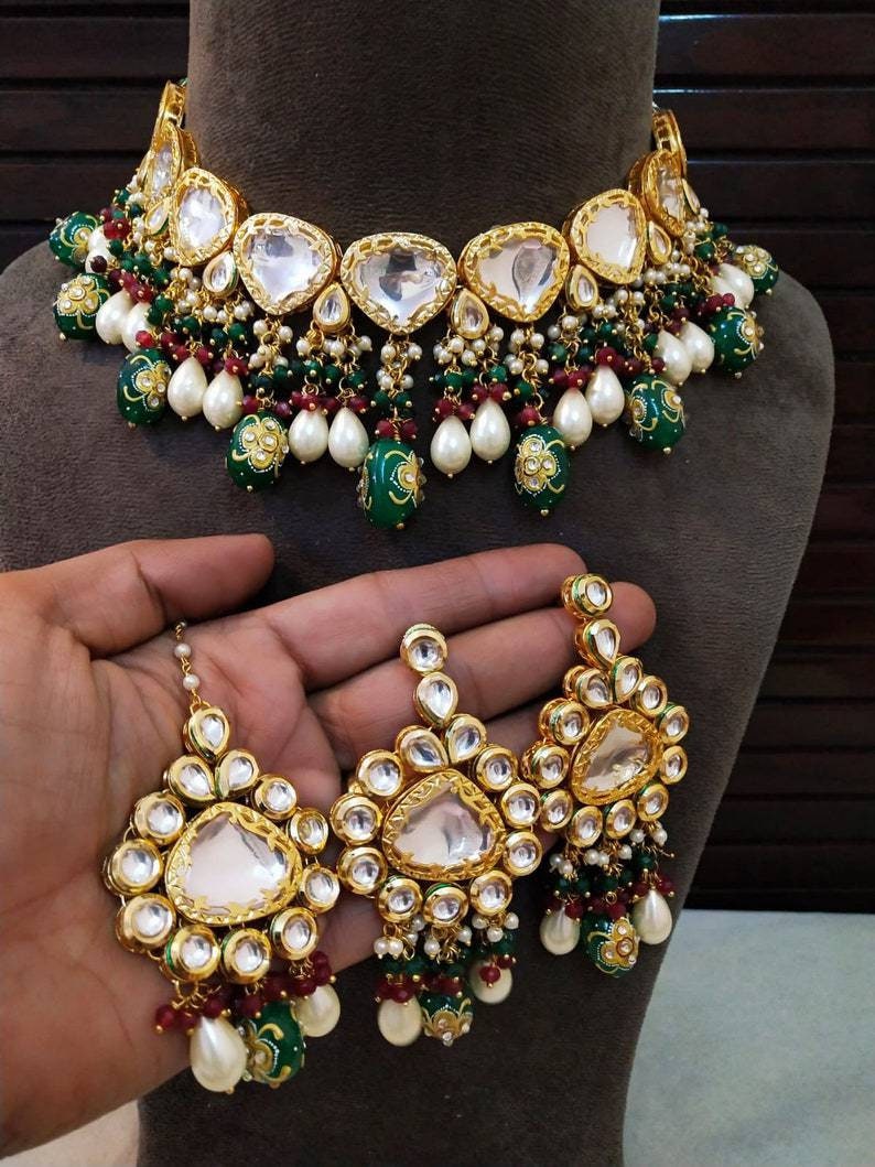Beautiful Jadau Kundan Wedding Choker Necklace Set , Minakari- Kundan Necklace/ Jewelry With Drop Earrings Mangtika Necklace, Indian Choker | Save 33% - Rajasthan Living 13