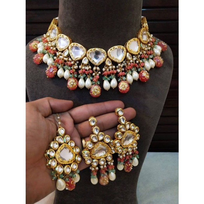 Beautiful Jadau Kundan Wedding Choker Necklace Set , Minakari- Kundan Necklace/ Jewelry With Drop Earrings Mangtika Necklace, Indian Choker | Save 33% - Rajasthan Living 8