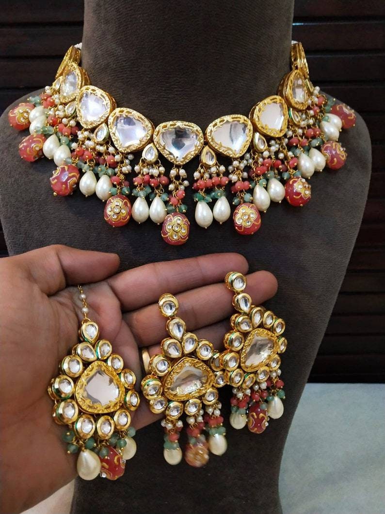 Beautiful Jadau Kundan Wedding Choker Necklace Set , Minakari- Kundan Necklace/ Jewelry With Drop Earrings Mangtika Necklace, Indian Choker | Save 33% - Rajasthan Living 16