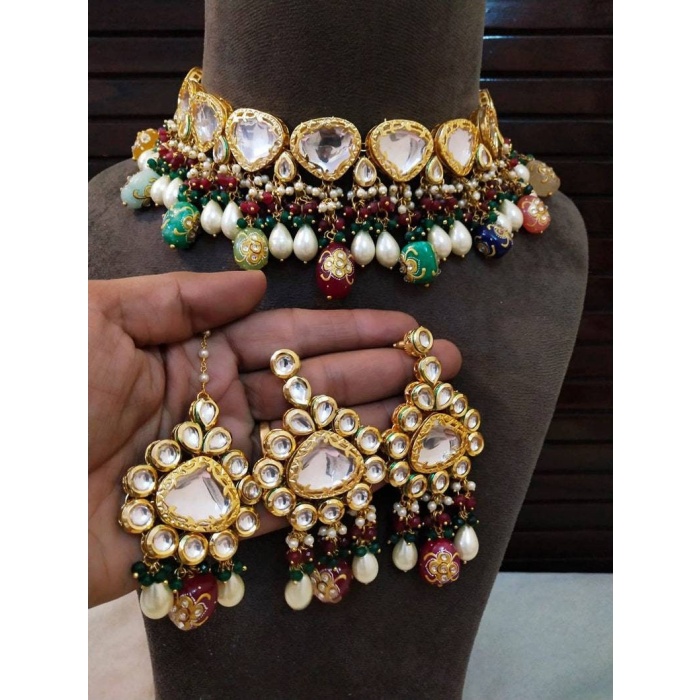 Beautiful Jadau Kundan Wedding Choker Necklace Set , Minakari- Kundan Necklace/ Jewelry With Drop Earrings Mangtika Necklace, Indian Choker | Save 33% - Rajasthan Living 10