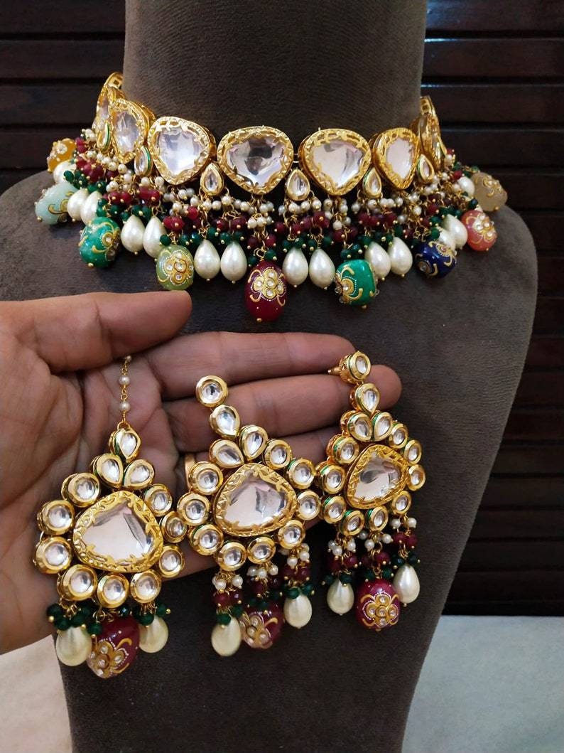 Beautiful Jadau Kundan Wedding Choker Necklace Set , Minakari- Kundan Necklace/ Jewelry With Drop Earrings Mangtika Necklace, Indian Choker | Save 33% - Rajasthan Living 18