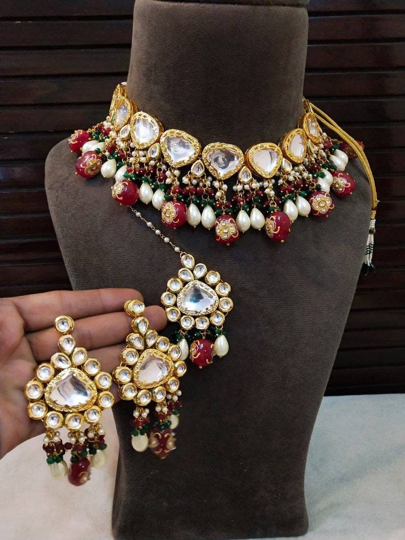 Beautiful Jadau Kundan Wedding Choker Necklace Set , Minakari- Kundan Necklace/ Jewelry With Drop Earrings Mangtika Necklace, Indian Choker | Save 33% - Rajasthan Living 17