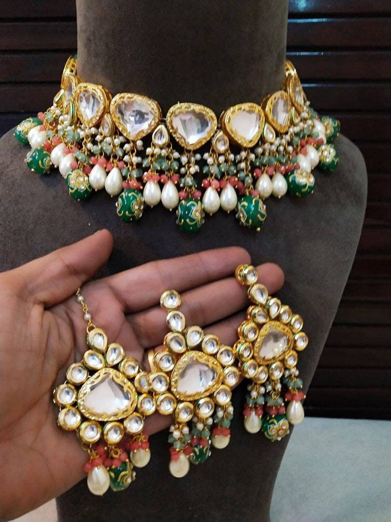 Beautiful Jadau Kundan Wedding Choker Necklace Set , Minakari- Kundan Necklace/ Jewelry With Drop Earrings Mangtika Necklace, Indian Choker | Save 33% - Rajasthan Living 15