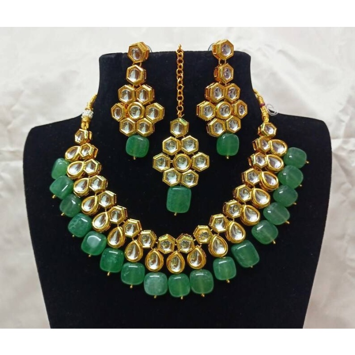 Kundan Necklace Earrings With Maang Tikka Set Indian Necklace Jewelry Green Beads Choker Set With Meenakari Bridal Wedding Pakistani Jewelry | Save 33% - Rajasthan Living 5