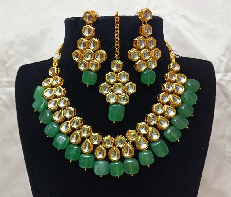 Kundan Necklace Earrings With Maang Tikka Set Indian Necklace Jewelry Green Beads Choker Set With Meenakari Bridal Wedding Pakistani Jewelry | Save 33% - Rajasthan Living 10
