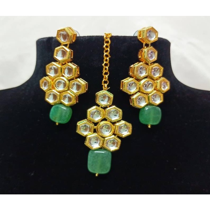 Kundan Necklace Earrings With Maang Tikka Set Indian Necklace Jewelry Green Beads Choker Set With Meenakari Bridal Wedding Pakistani Jewelry | Save 33% - Rajasthan Living 7