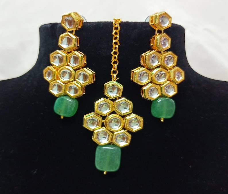 Kundan Necklace Earrings With Maang Tikka Set Indian Necklace Jewelry Green Beads Choker Set With Meenakari Bridal Wedding Pakistani Jewelry | Save 33% - Rajasthan Living 12