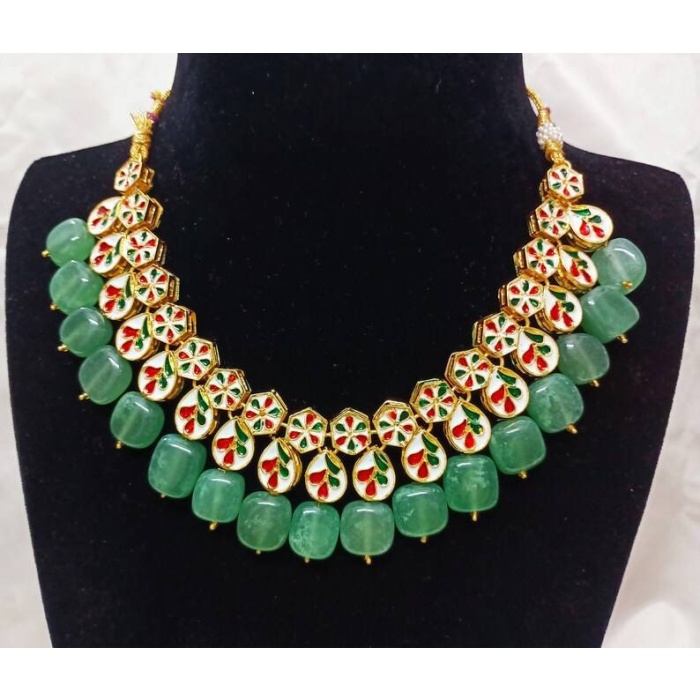 Kundan Necklace Earrings With Maang Tikka Set Indian Necklace Jewelry Green Beads Choker Set With Meenakari Bridal Wedding Pakistani Jewelry | Save 33% - Rajasthan Living 8
