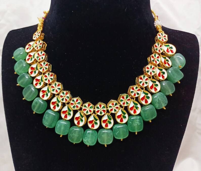 Kundan Necklace Earrings With Maang Tikka Set Indian Necklace Jewelry Green Beads Choker Set With Meenakari Bridal Wedding Pakistani Jewelry | Save 33% - Rajasthan Living 13