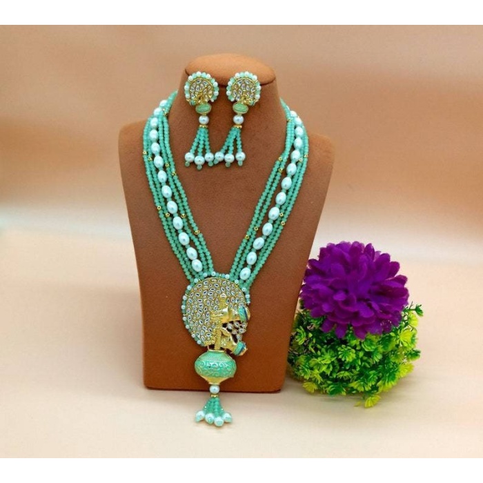 Aqua Green Enameled Necklace-jodha Akbar Faceted Aqua Beaded Necklace-rani Haar -bridesmaid Pearl Necklace Set -lord Krishna Kundan Necklace | Save 33% - Rajasthan Living 5