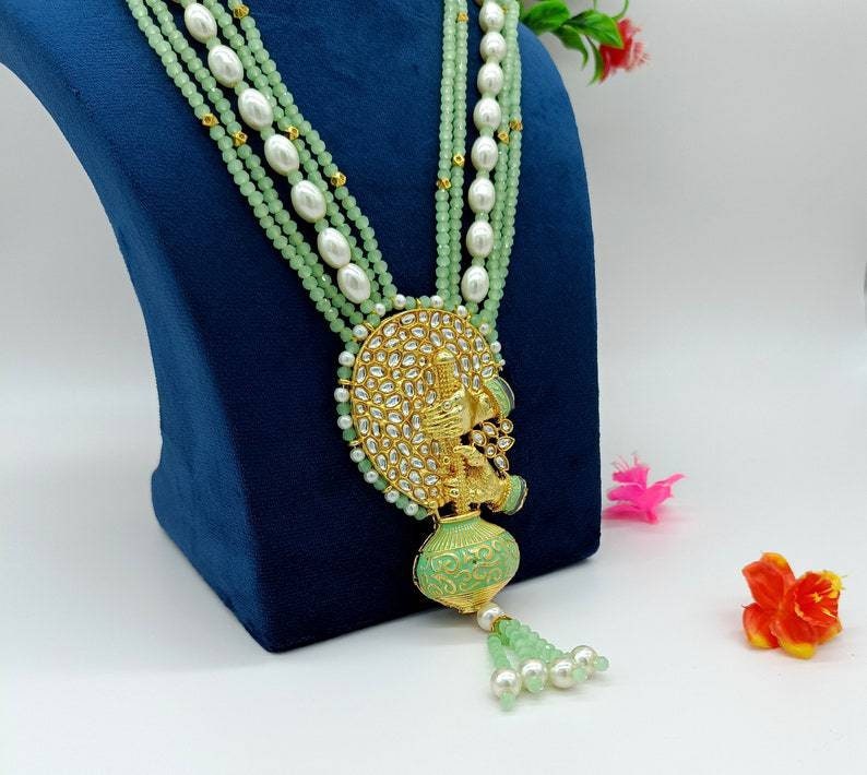 Aqua Green Enameled Necklace-jodha Akbar Faceted Aqua Beaded Necklace-rani Haar -bridesmaid Pearl Necklace Set -lord Krishna Kundan Necklace | Save 33% - Rajasthan Living 16
