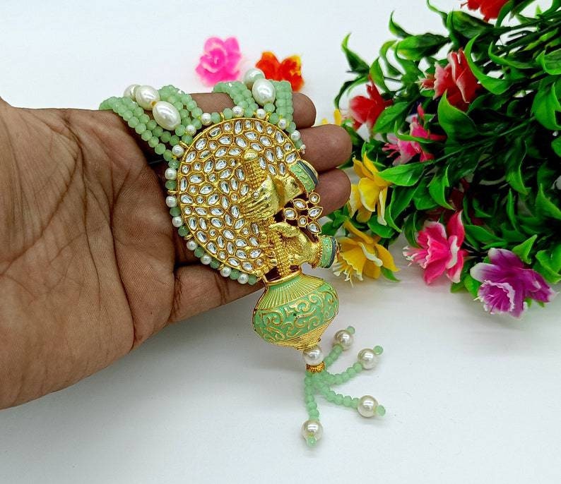 Aqua Green Enameled Necklace-jodha Akbar Faceted Aqua Beaded Necklace-rani Haar -bridesmaid Pearl Necklace Set -lord Krishna Kundan Necklace | Save 33% - Rajasthan Living 17