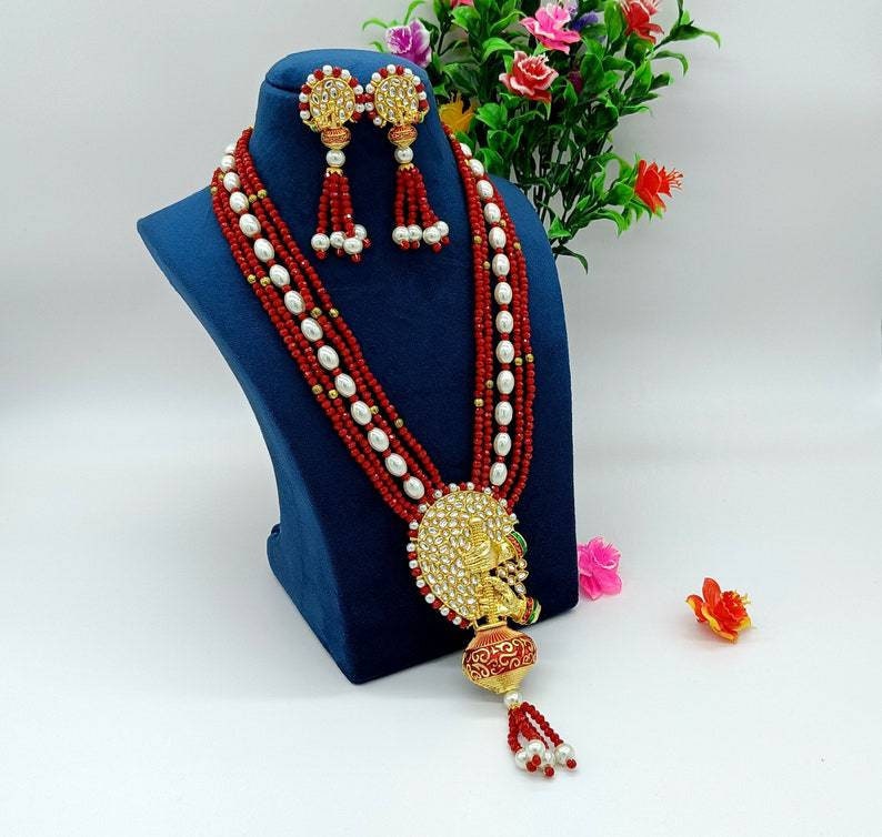 Meenakari Red Necklace -jodha Akbar Faceted Coral Red Beaded Necklace-rani Haar -bridesmaid Pearl Necklace Set -lord Krishna Kundan Necklace | Save 33% - Rajasthan Living 17