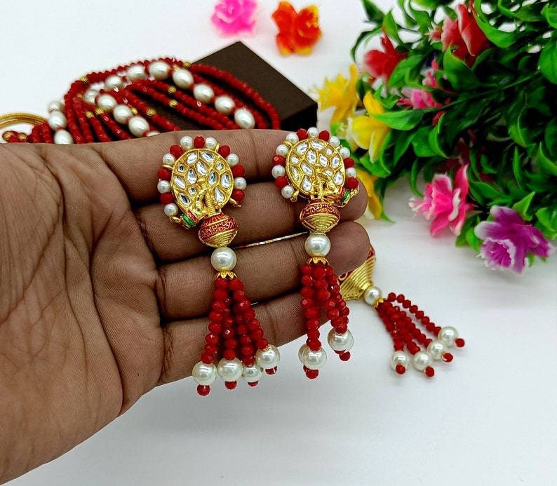 Meenakari Red Necklace -jodha Akbar Faceted Coral Red Beaded Necklace-rani Haar -bridesmaid Pearl Necklace Set -lord Krishna Kundan Necklace | Save 33% - Rajasthan Living 15