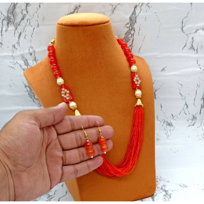 Red Beaded Necklace – Adjustable Long Necklace Set W/ Earrings – Rajwada Jewelry – Gemstone Neck Piece – Multi Layer Kundan Necklace Indians | Save 33% - Rajasthan Living 5