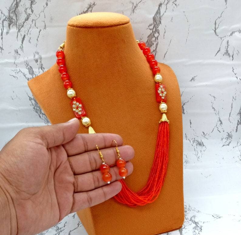 Red Beaded Necklace – Adjustable Long Necklace Set W/ Earrings – Rajwada Jewelry – Gemstone Neck Piece – Multi Layer Kundan Necklace Indians | Save 33% - Rajasthan Living 8