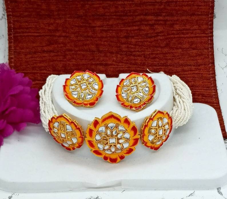 Fine Kundan Choker – Hand Painted Cuff Necklace – White Beaded Necklace – Bridesmaid Necklace – Gift for Her -meenakari Flower Cuff Necklace | Save 33% - Rajasthan Living 15