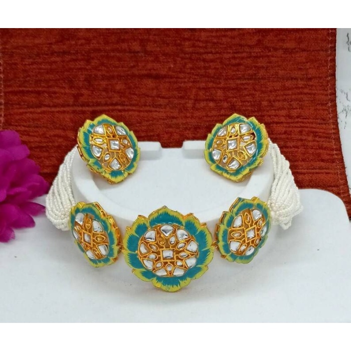 Fine Kundan Choker – Hand Painted Floral Necklace – White Beaded Necklace -bridesmaid Necklace -gift for Her -meenakari Flower Cuff Necklace | Save 33% - Rajasthan Living 5