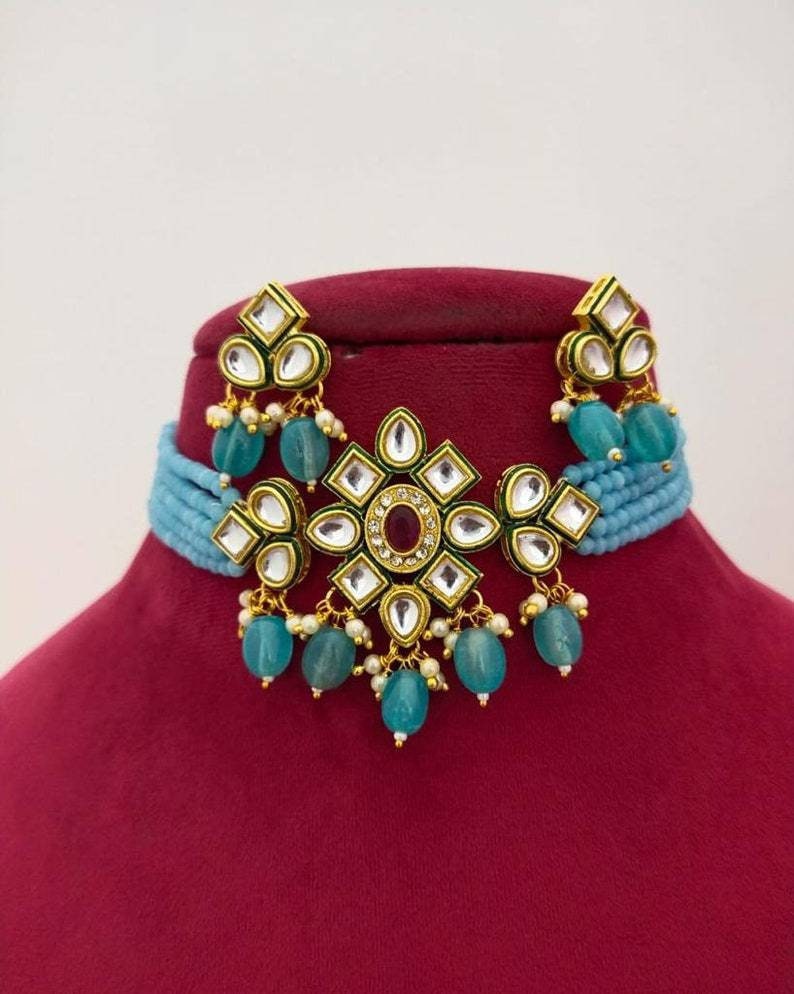 Kundan Choker Necklace, Indian Choker Necklace Set for Women, Beads Necklaces for Women,bridesmaids Necklace Set, Kundan Wedding Jewellery | Save 33% - Rajasthan Living 15