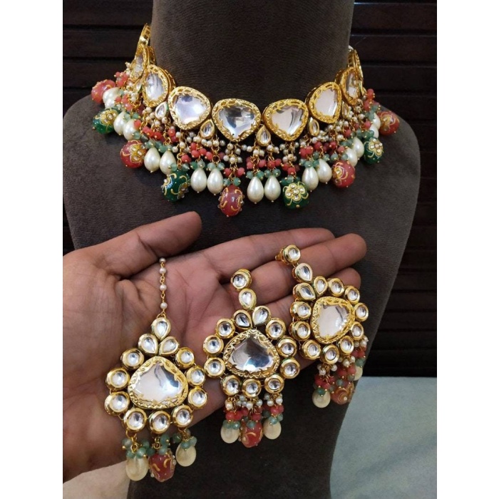 Beautiful Jadau Kundan Wedding Choker Necklace Set , Minakari- Kundan Necklace/ Jewelry With Drop Earrings Mangtika Necklace, Indian Choker | Save 33% - Rajasthan Living 6