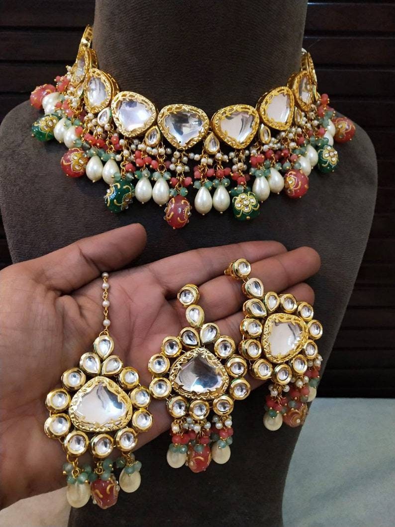 Beautiful Jadau Kundan Wedding Choker Necklace Set , Minakari- Kundan Necklace/ Jewelry With Drop Earrings Mangtika Necklace, Indian Choker | Save 33% - Rajasthan Living 14