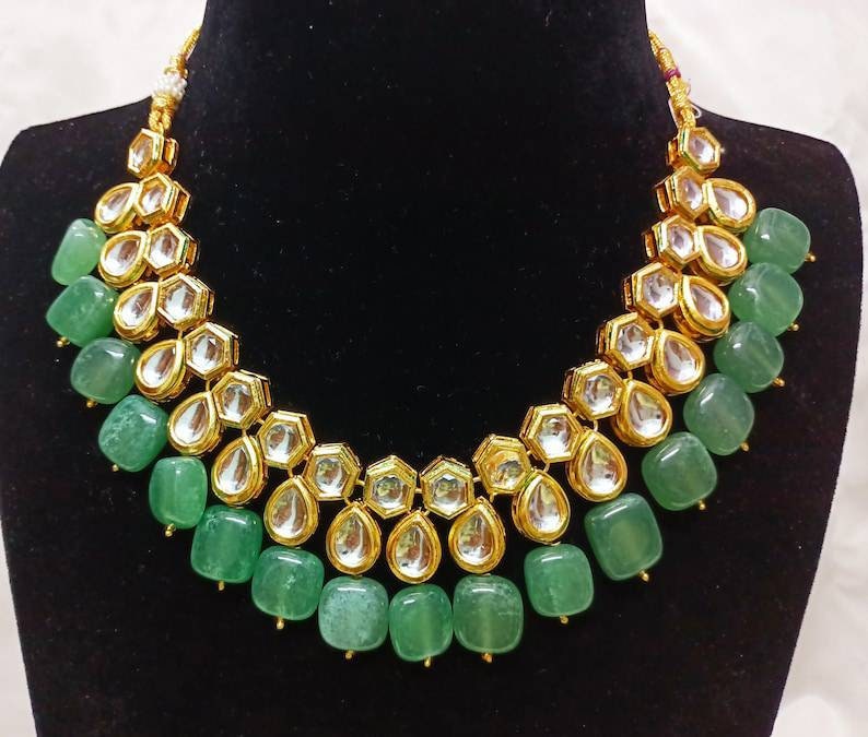 Kundan Necklace Earrings With Maang Tikka Set Indian Necklace Jewelry Green Beads Choker Set With Meenakari Bridal Wedding Pakistani Jewelry | Save 33% - Rajasthan Living 11