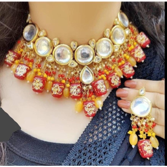 Indian Kundan Meena Handmade Necklace, Earrings With , Meenakari Kundan Necklace/ Jewelry With Drop Earrings, Diwali Sale, Kundan Earring | Save 33% - Rajasthan Living 5