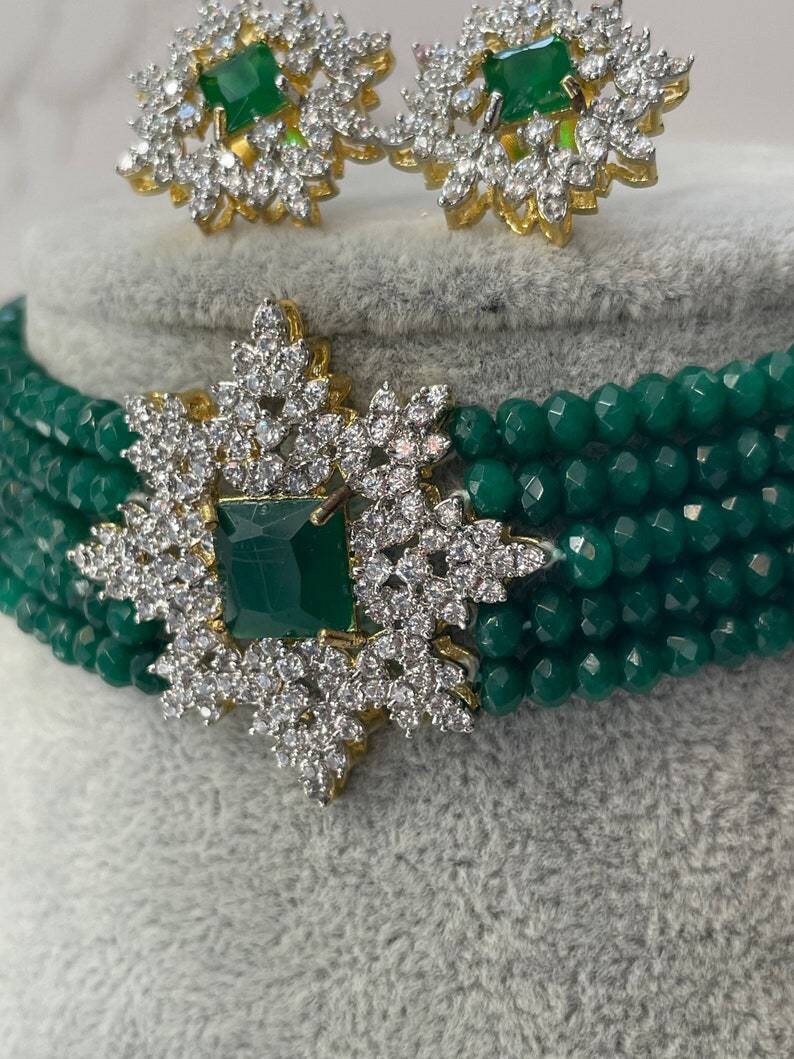 Emerald cz Choker/ Indian Jewelry/ Indian Necklace/ Indian Choker/ Indian Wedding Necklace Set/ Kundan Choker, Diwali Sale, Ad Necklace, New | Save 33% - Rajasthan Living 14