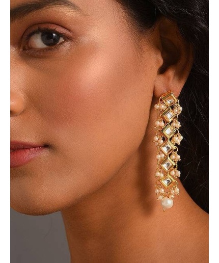 Gold Plated Kundan Long Earrings, Traditional Tear Drop Cluster for a Simple, Elegant Look at an Indian Wedding or Bollywood Themed Parties. | Save 33% - Rajasthan Living