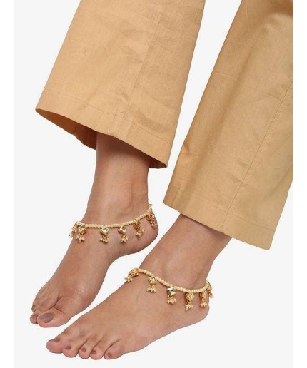 Handmade Golden Ethnic Kundan Studded Alloy Anklet High Quality Gold Tone Plated Floral Design Traditional Kundan Adjustable Link Anklet | Save 33% - Rajasthan Living 6