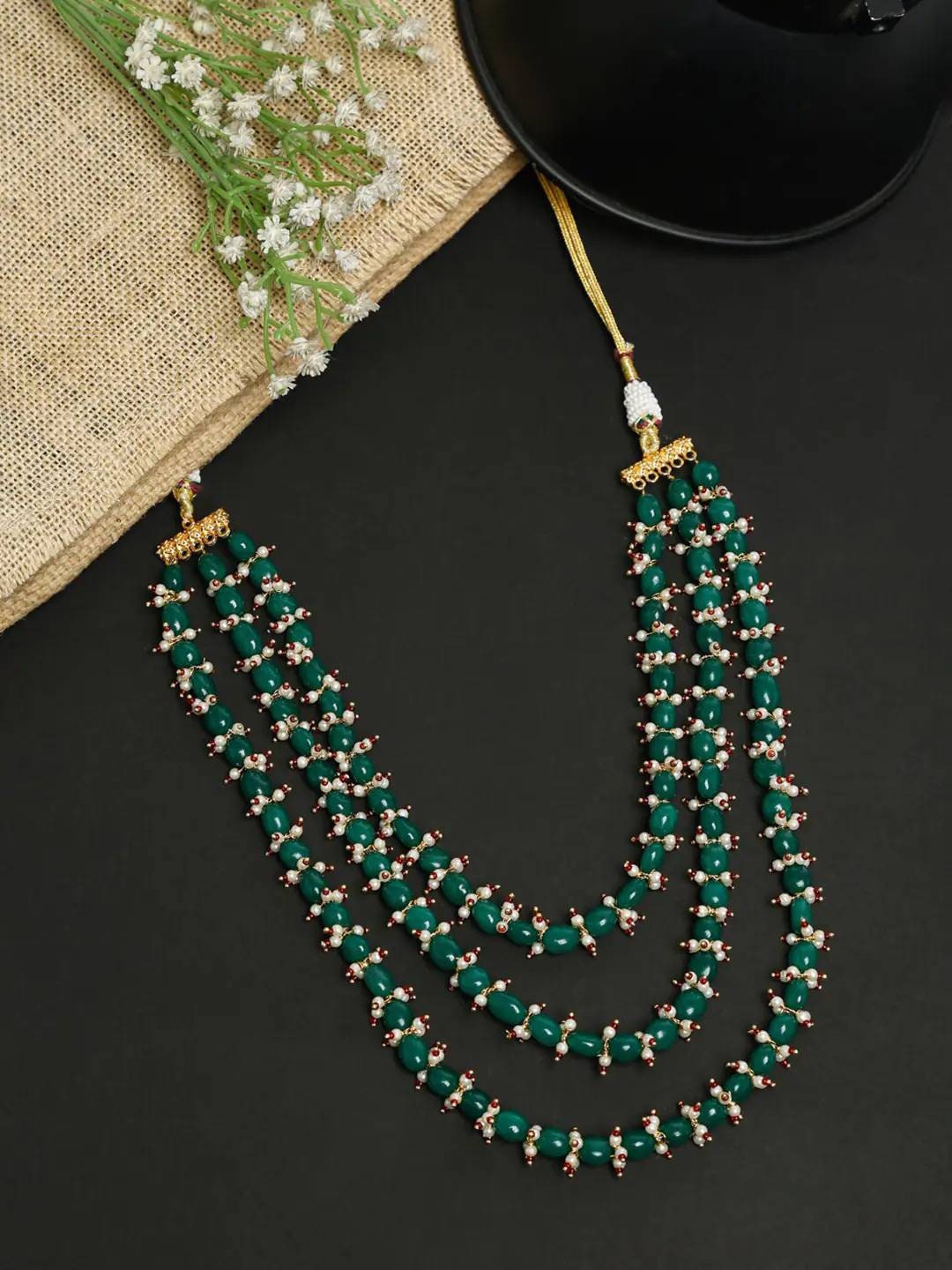 New Three Line Green Emerald Touch Long Necklace, Indian Jewellery, Emerald Jewellery, Indian Necklace, Multi Stand Necklace, New Year Sale | Save 33% - Rajasthan Living