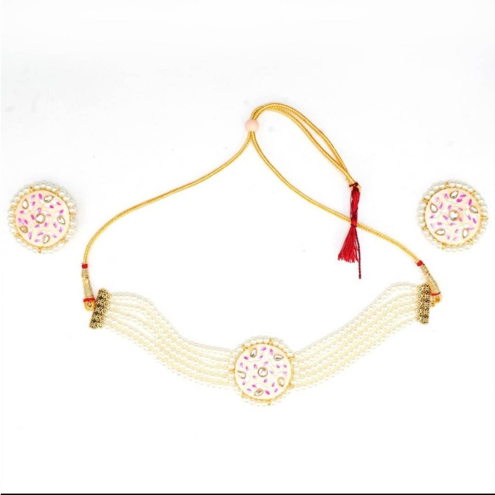 White Handmade Lotus Flower Panting Round Shape Black Lineing Choker, Indian Choker, Indian Jewellery, Pink Flower Jewellery Meenakari | Save 33% - Rajasthan Living 6