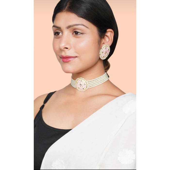 White Handmade Lotus Flower Panting Round Shape Black Lineing Choker, Indian Choker, Indian Jewellery, Pink Flower Jewellery Meenakari | Save 33% - Rajasthan Living 9