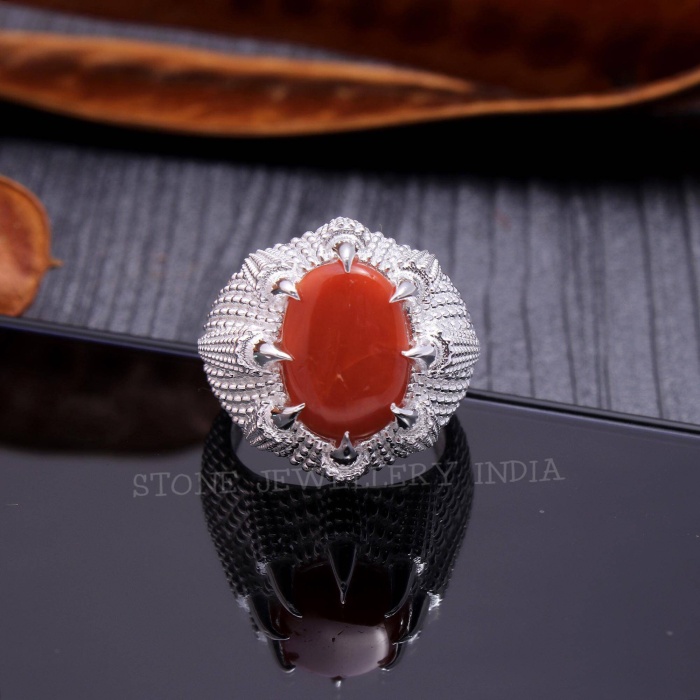 925 Sterling Silver Natural Red Coral Ring, Handmade Carved Silver, Valentine’s Day Gift for Man’s, Oval Shape Natural Coral, Customised | Save 33% - Rajasthan Living 7