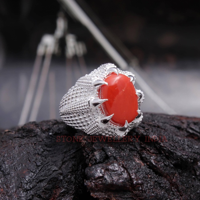 925 Sterling Silver Natural Red Coral Ring, Handmade Carved Silver, Valentine’s Day Gift for Man’s, Oval Shape Natural Coral, Customised | Save 33% - Rajasthan Living 5