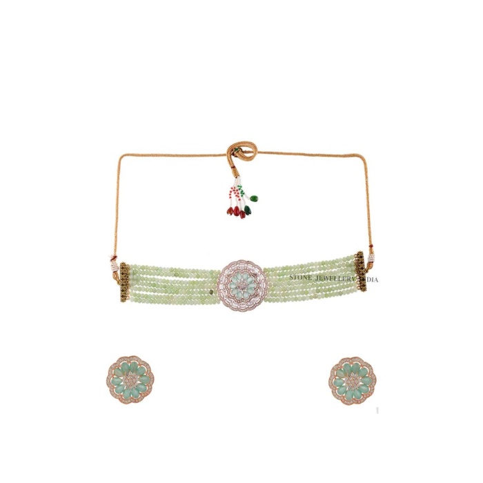 Indian Choker Necklace Set With Earrings Light Green/Mint and Rose Gold | Save 33% - Rajasthan Living 7