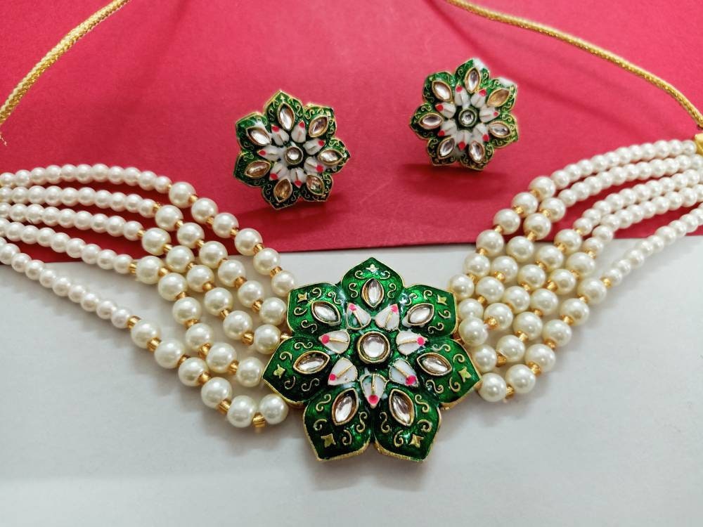 Elegant Kundan Choker Set/pastel Kundan Choker/designer Kundan Choker Set/pastel Color Kundan Set/simple Kundan Set/flower Kundan Set/ Green | Save 33% - Rajasthan Living 12
