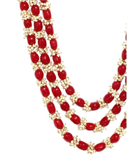 New Three Line White and Red Long Necklace, Indian Jewellery, Indian Necklace, Multi Stand Necklace, Long Necklace for Girls and Women | Save 33% - Rajasthan Living 3