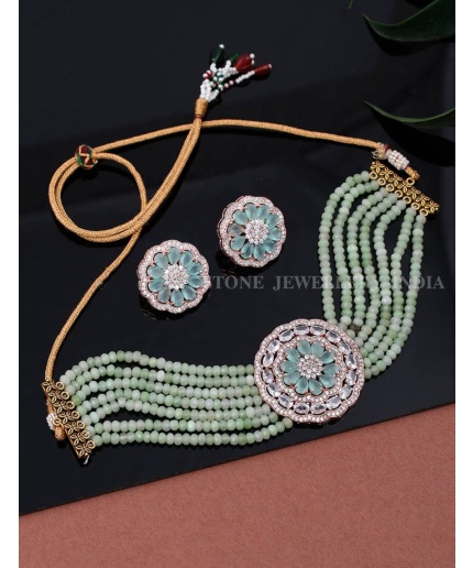 Indian Choker Necklace Set With Earrings Light Green/Mint and Rose Gold | Save 33% - Rajasthan Living