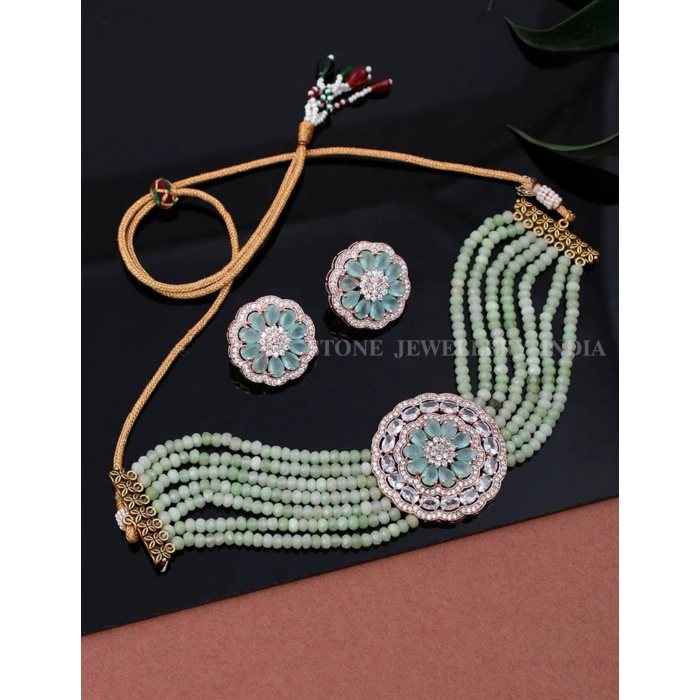 Indian Choker Necklace Set With Earrings Light Green/Mint and Rose Gold | Save 33% - Rajasthan Living 5