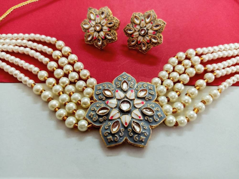 Elegant Kundan Choker Set/pastel Kundan Choker/designer Kundan Choker Set/pastel Color Kundan Set/simple Kundan Set/flower Kundan Set/ Gray | Save 33% - Rajasthan Living 12