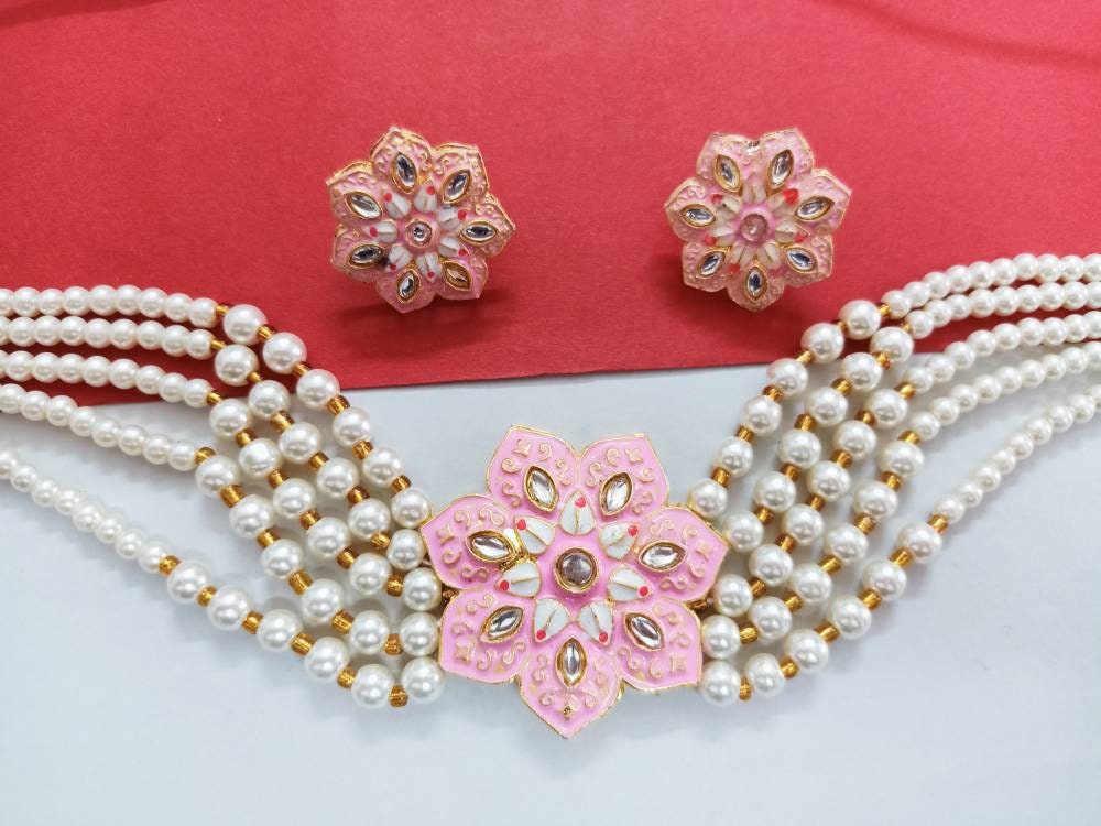Elegant Kundan Choker Set/pastel Kundan Choker/designer Kundan Choker Set/pastel Color Kundan Set/simple Kundan Set/flower Kundan Set/ Pink | Save 33% - Rajasthan Living 8