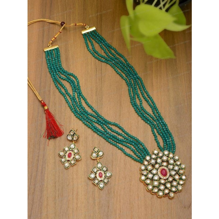 Long Polki Necklace – Pakistani Jewelry – Kundan Necklace Set W/earrings – Indian Wedding Bridal Jewelry – Semiprecious Gray Beaded Necklace | Save 33% - Rajasthan Living 5